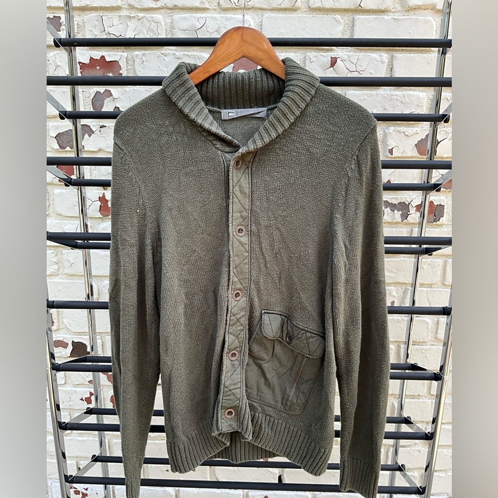 REI Army-Green Button-Up Worn/Vintage Sweater, Business Casual